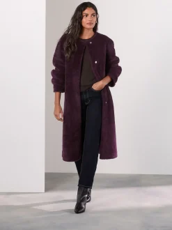 Burgundy Red Faux Fur Collarless Coat