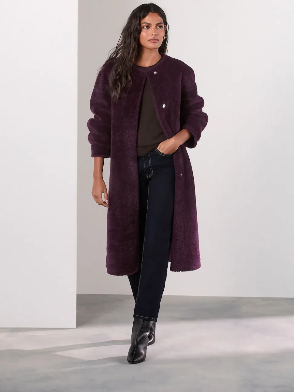 Burgundy Red Faux Fur Collarless Coat
