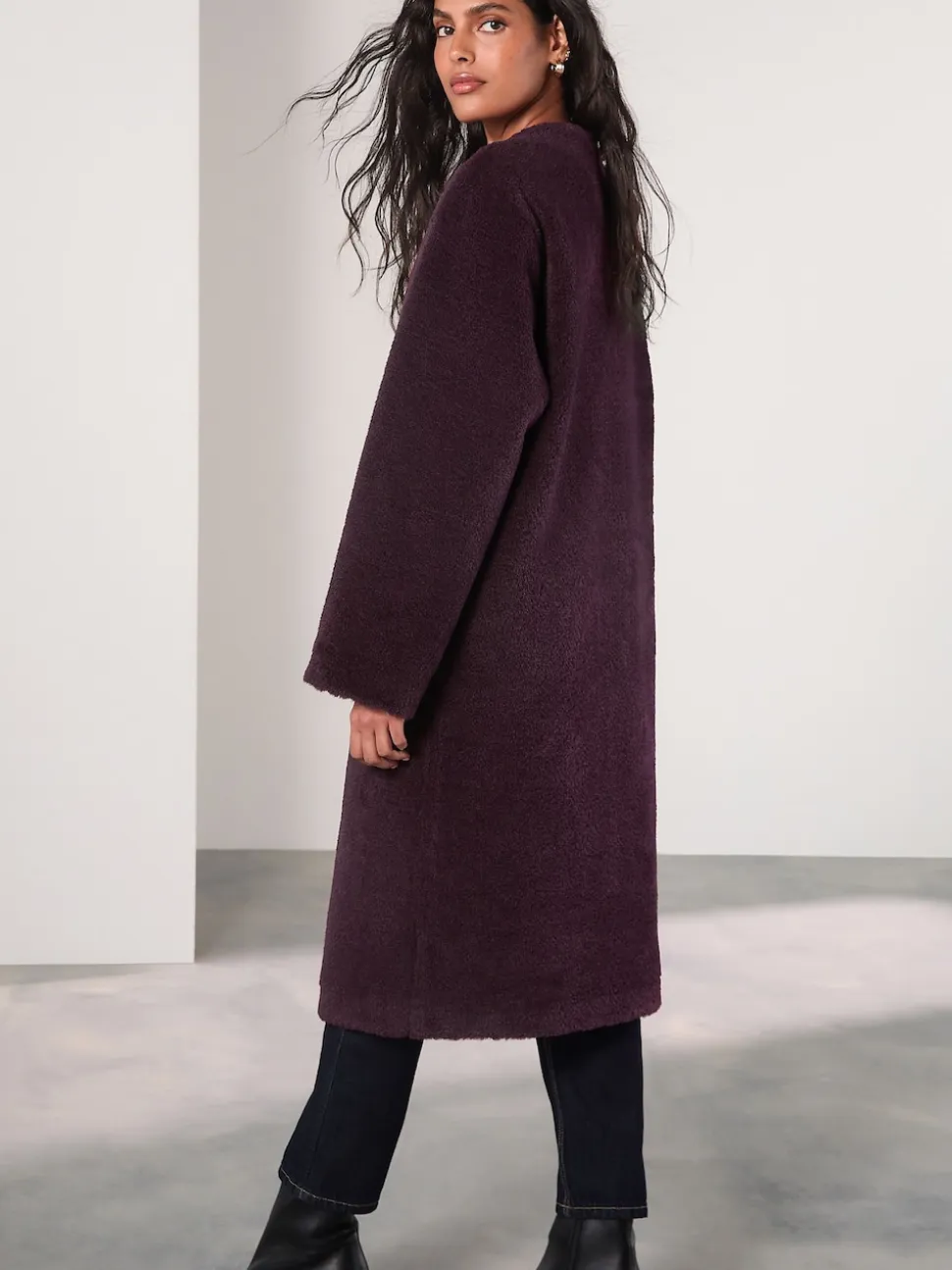 Burgundy Red Faux Fur Collarless Coat