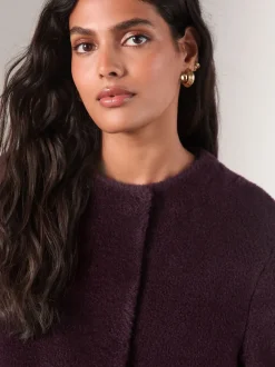 Burgundy Red Faux Fur Collarless Coat