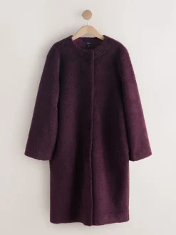Burgundy Red Faux Fur Collarless Coat