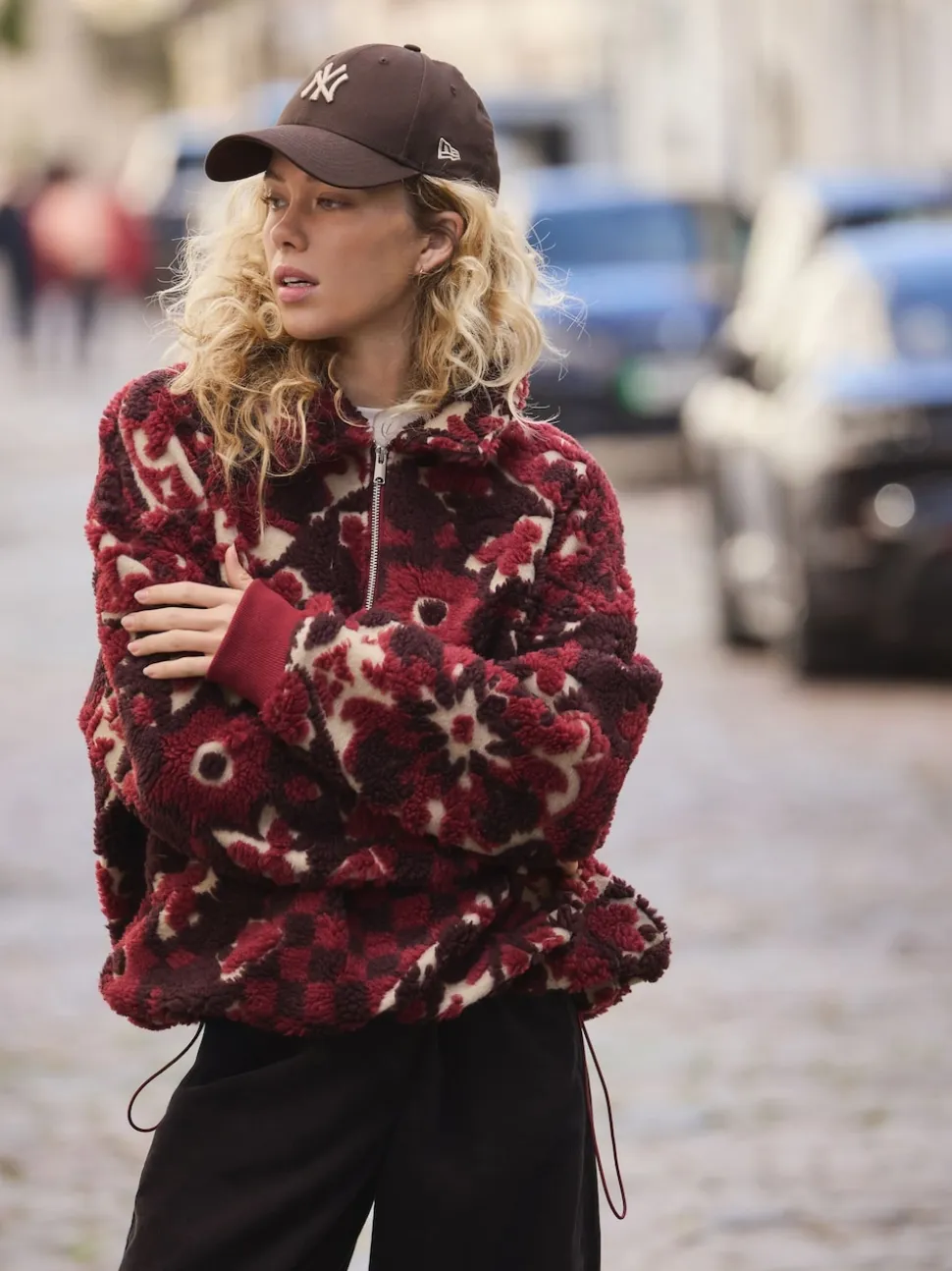 Burgundy Red Floral Jacquard Teddy Borg Quarter Zip Fleece Sweatshirt