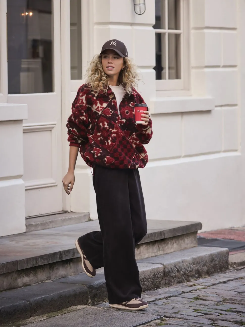 Burgundy Red Floral Jacquard Teddy Borg Quarter Zip Fleece Sweatshirt