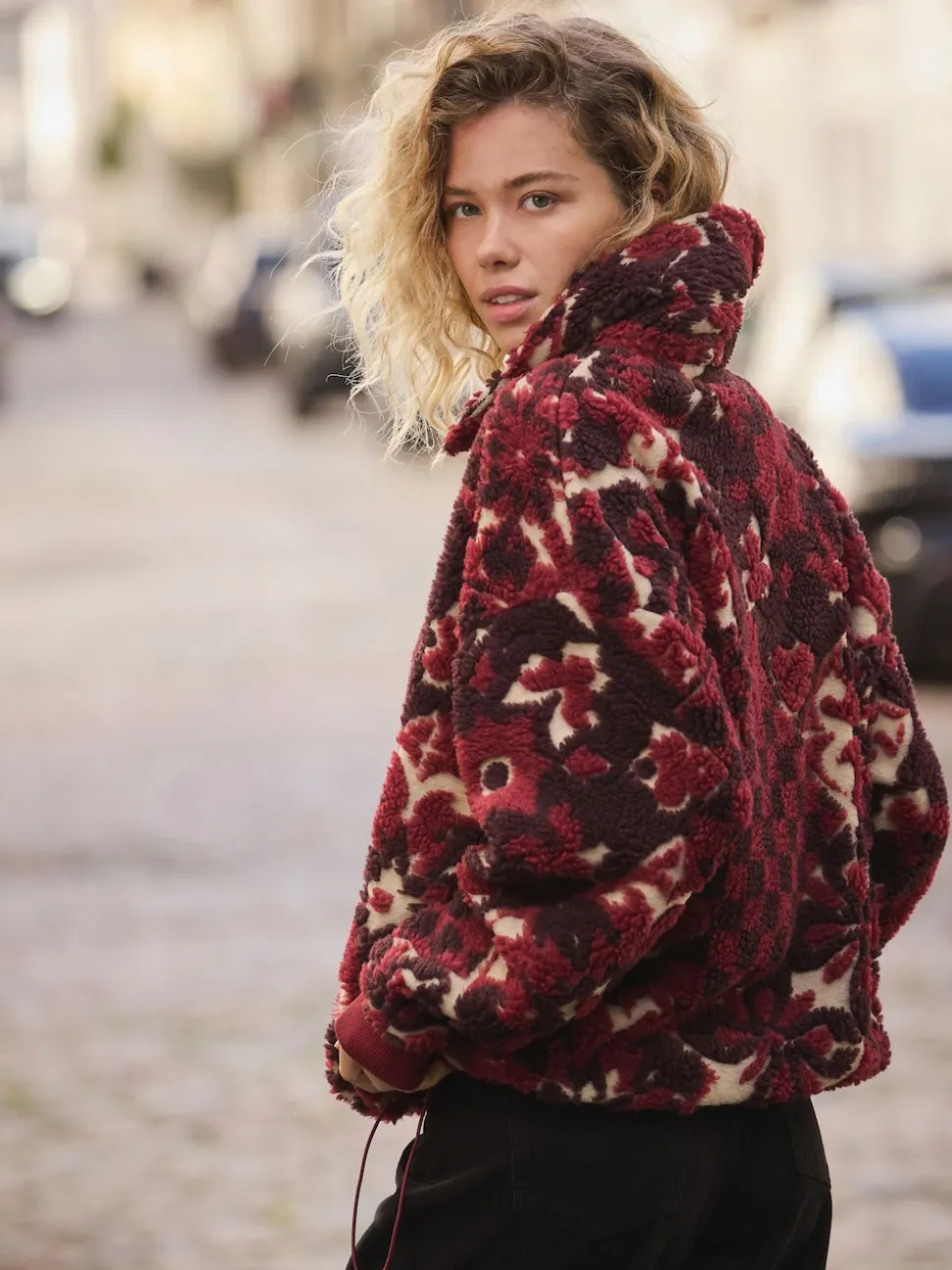Burgundy Red Floral Jacquard Teddy Borg Quarter Zip Fleece Sweatshirt