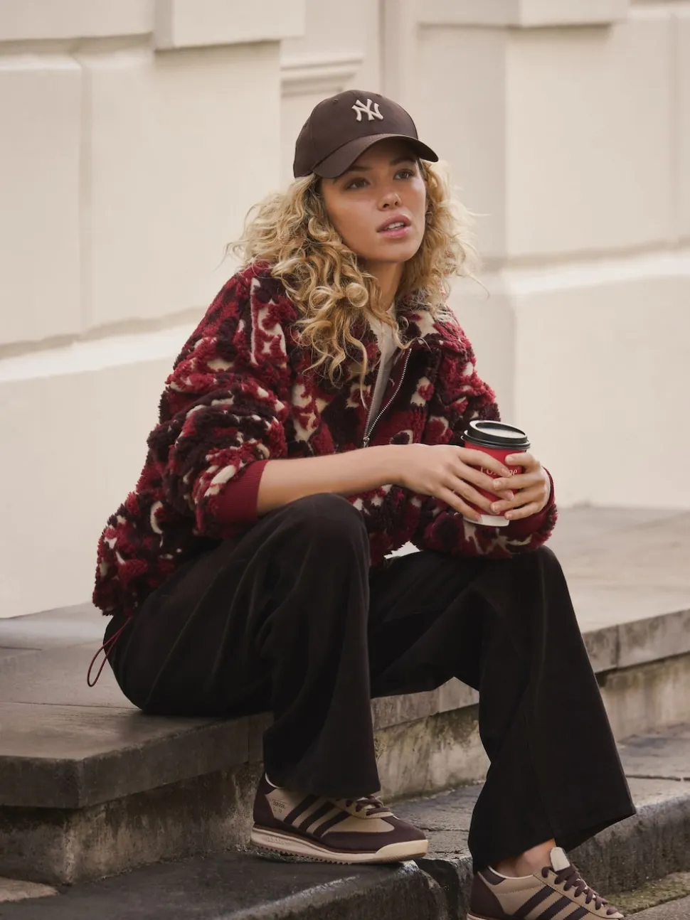 Burgundy Red Floral Jacquard Teddy Borg Quarter Zip Fleece Sweatshirt