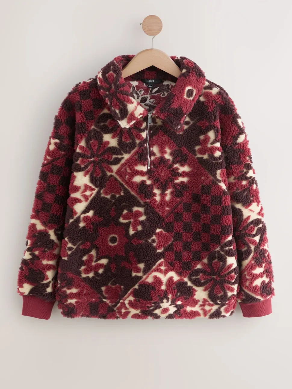 Burgundy Red Floral Jacquard Teddy Borg Quarter Zip Fleece Sweatshirt