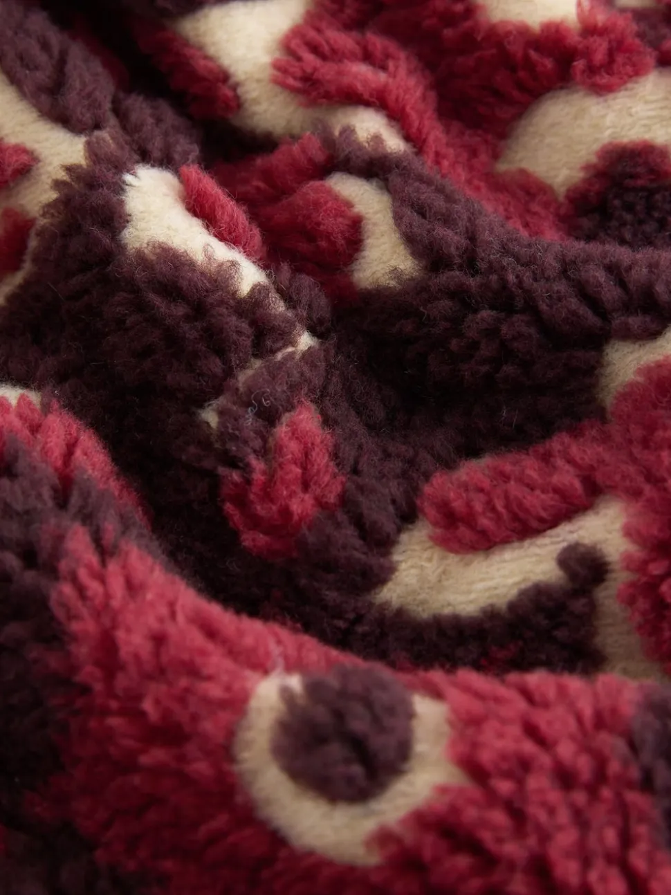 Burgundy Red Floral Jacquard Teddy Borg Quarter Zip Fleece Sweatshirt