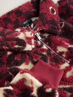 Burgundy Red Floral Jacquard Teddy Borg Quarter Zip Fleece Sweatshirt