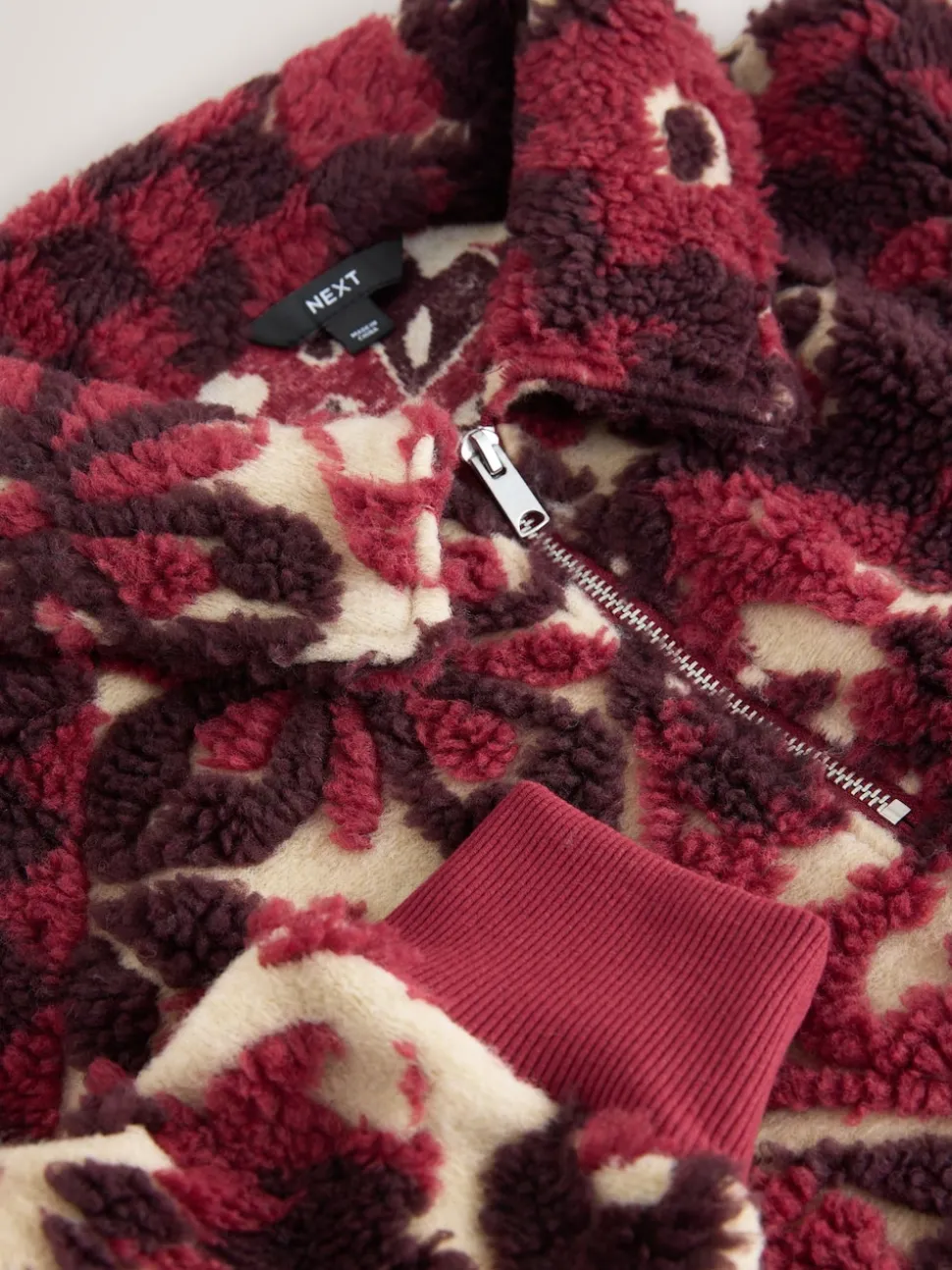Burgundy Red Floral Jacquard Teddy Borg Quarter Zip Fleece Sweatshirt