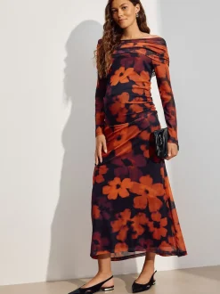 Burgundy Red Floral Maternity Mesh Bardot Dress