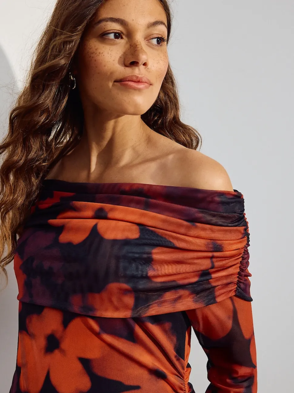 Burgundy Red Floral Maternity Mesh Bardot Dress