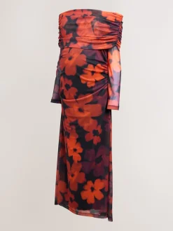 Burgundy Red Floral Maternity Mesh Bardot Dress
