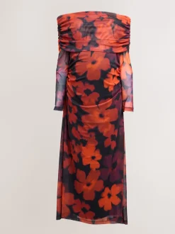Burgundy Red Floral Maternity Mesh Bardot Dress