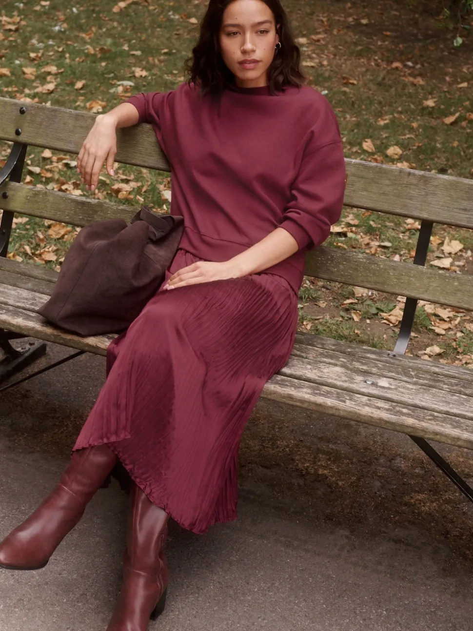 Burgundy Red 2-In-1 Sweatshirt With Satin Midi Skirt