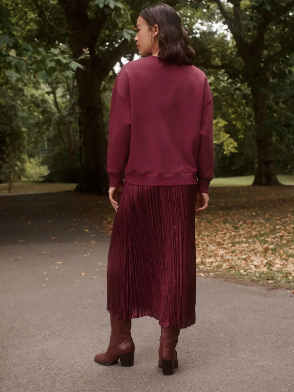 Burgundy Red 2-In-1 Sweatshirt With Satin Midi Skirt
