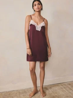 Burgundy Red Lace Detail Satin Slip