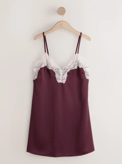 Burgundy Red Lace Detail Satin Slip