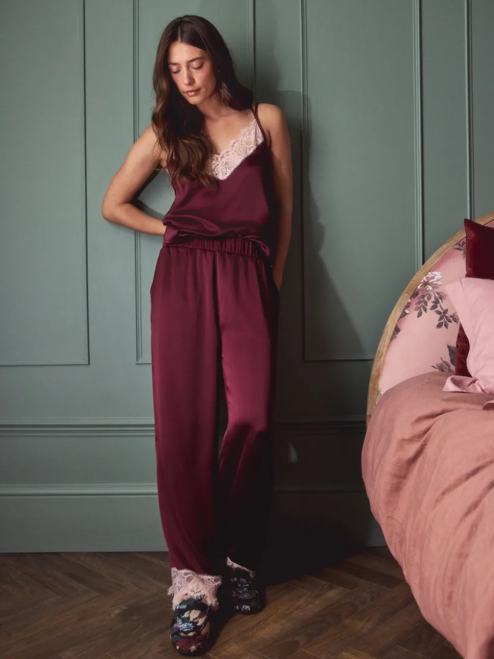 Burgundy Red Lace Trim Cami Pyjamas