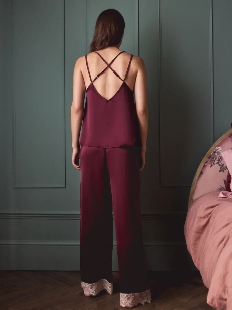 Burgundy Red Lace Trim Cami Pyjamas