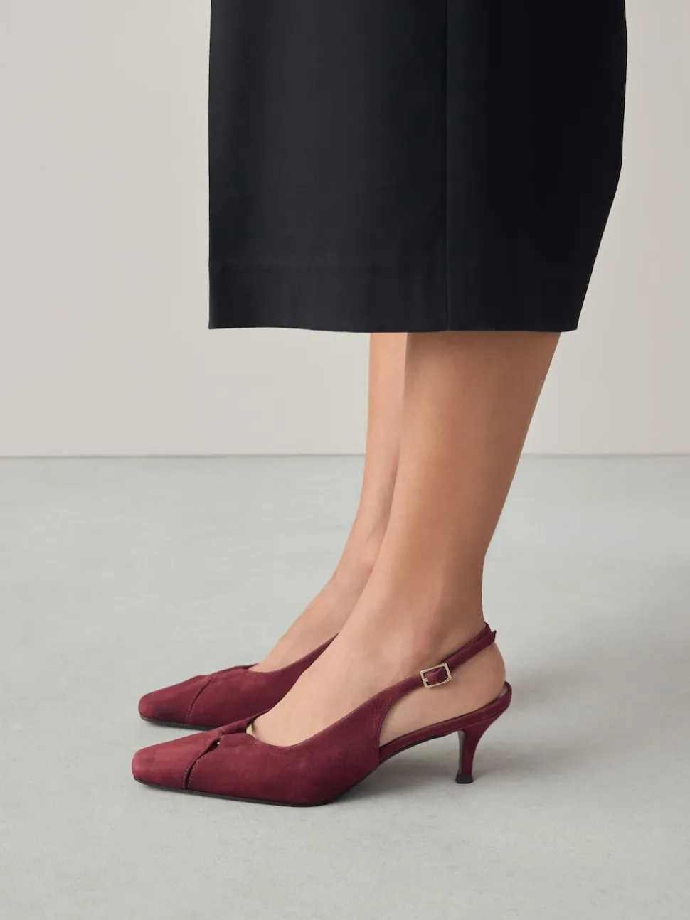 Burgundy Red Leather Cutout Hardware Detail Slingback Heels