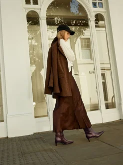 Burgundy Red Leather Knee High Skinny Heeled Boots
