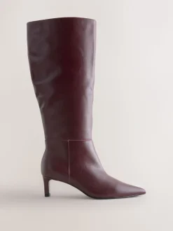 Burgundy Red Leather Knee High Skinny Heeled Boots