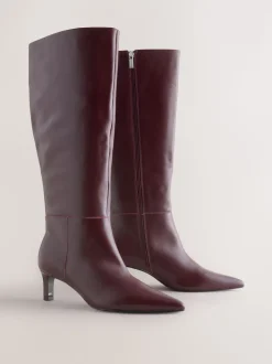 Burgundy Red Leather Knee High Skinny Heeled Boots