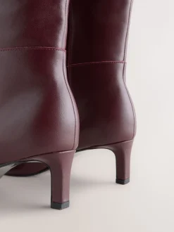 Burgundy Red Leather Knee High Skinny Heeled Boots