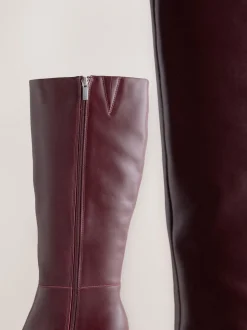 Burgundy Red Leather Knee High Skinny Heeled Boots