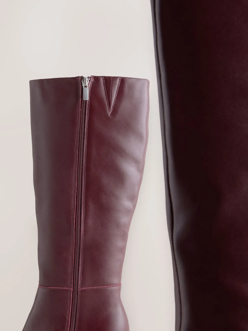 Burgundy Red Leather Knee High Skinny Heeled Boots