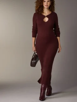Burgundy Red Maternity Knitted Keyhole Dress