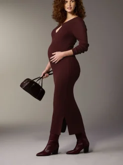Burgundy Red Maternity Knitted Keyhole Dress