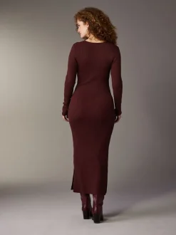Burgundy Red Maternity Knitted Keyhole Dress
