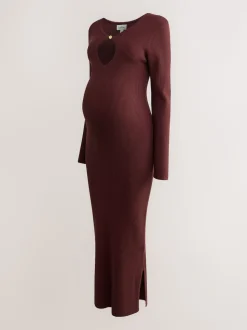 Burgundy Red Maternity Knitted Keyhole Dress