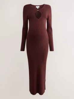 Burgundy Red Maternity Knitted Keyhole Dress