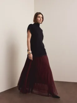 Burgundy Red Mesh Pleated Maxi Skirt