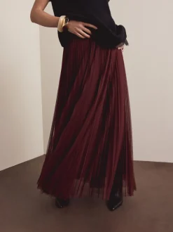 Burgundy Red Mesh Pleated Maxi Skirt