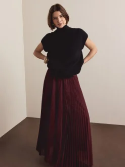 Burgundy Red Mesh Pleated Maxi Skirt