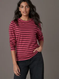 Burgundy Red Stripe Long Sleeve Crew Neck T-Shirt