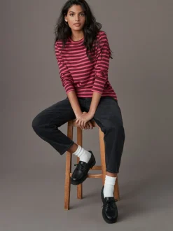 Burgundy Red Stripe Long Sleeve Crew Neck T-Shirt