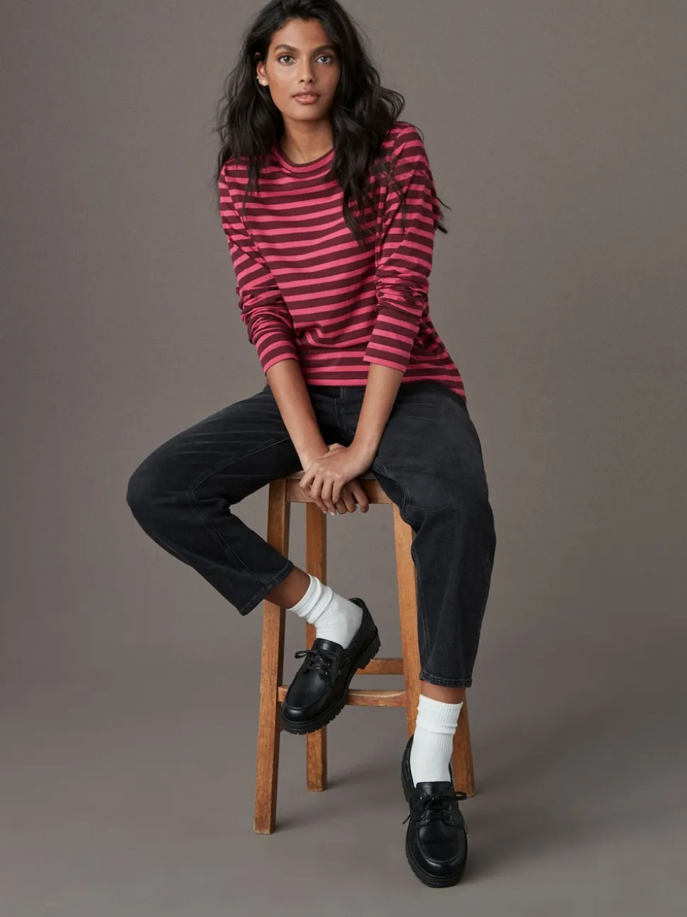 Burgundy Red Stripe Long Sleeve Crew Neck T-Shirt