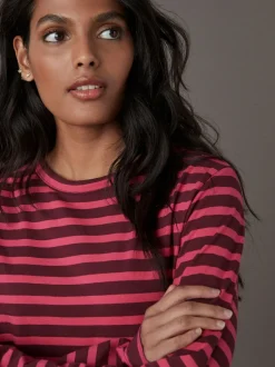 Burgundy Red Stripe Long Sleeve Crew Neck T-Shirt