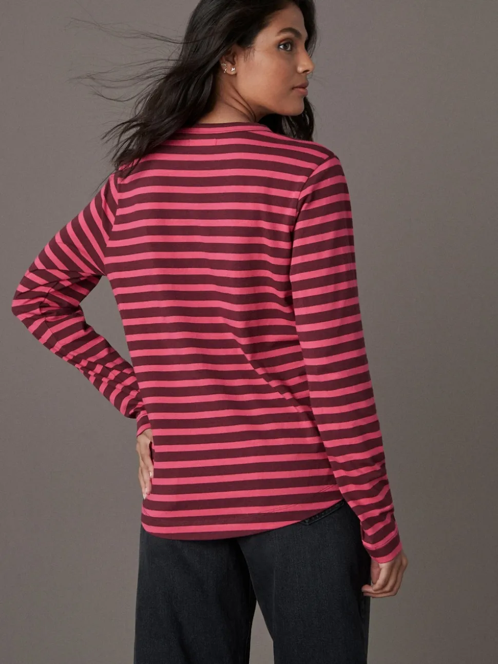 Burgundy Red Stripe Long Sleeve Crew Neck T-Shirt