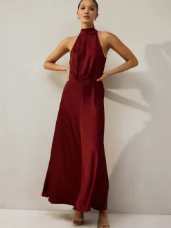 Burgundy Red Textured Satin Halter Sleeveless Midi Dress
