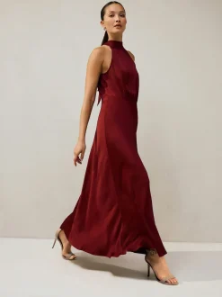 Burgundy Red Textured Satin Halter Sleeveless Midi Dress