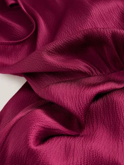 Burgundy Red Textured Satin Halter Sleeveless Midi Dress