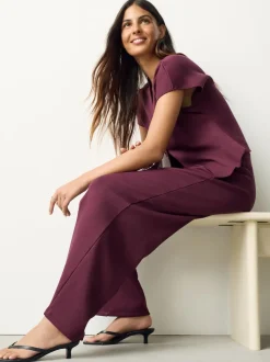 Burgundy Red Wide Leg Compact Trousers