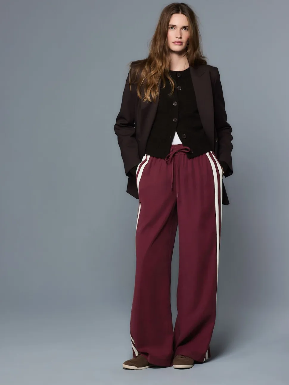 Burgundy Red Wide Leg Side Stripe Trousers