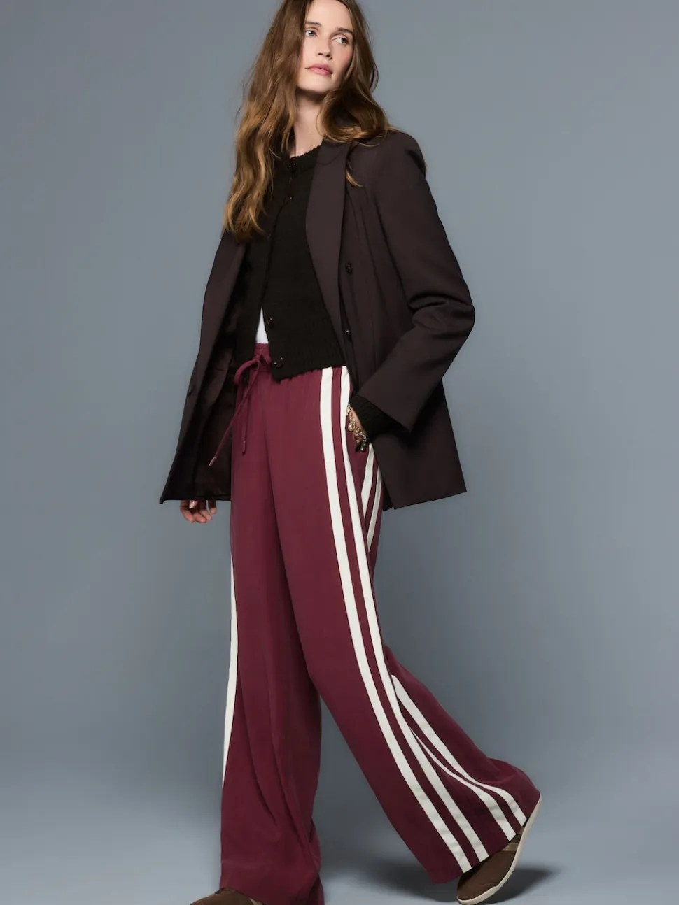 Burgundy Red Wide Leg Side Stripe Trousers