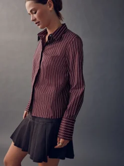 Burgundy Stripe Fitted Stretch Essential Long Sleeve Shirt